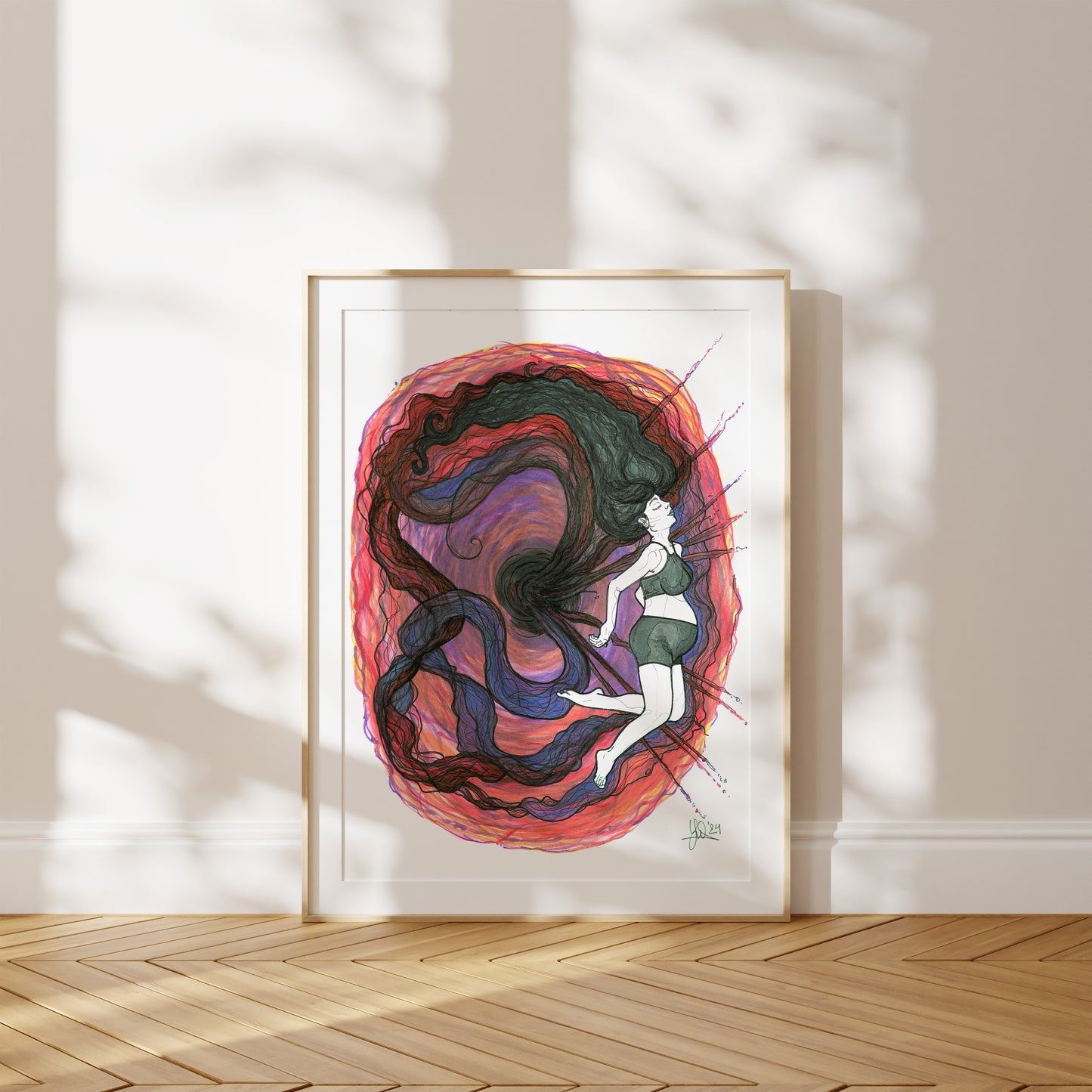 Framed abstract artwork with a woman sitting on a swirl of colors in a room with wooden flooring and a white wall. A piece on becoming a mother or parent.