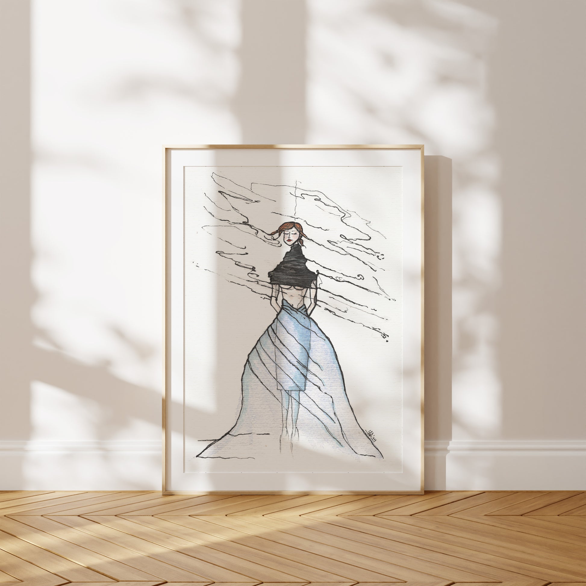 Framed illustration of a woman in a dress, bound by a black structure around her neck and torso on a wall with wooden floor and light shadows. A piece on anxiety and trauma.