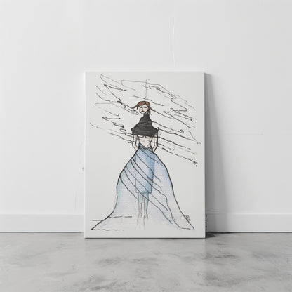 Canvas print of a stylized drawing of a woman in a flowing dress with a black belt wrapped around her neck against a white wall. A piece on anxiety and trauma.