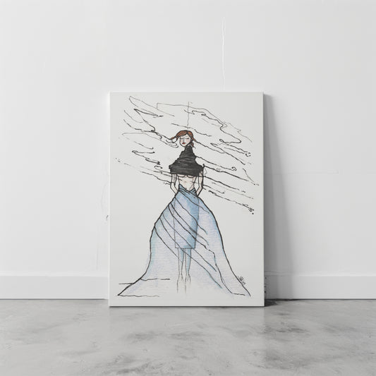 Canvas print of a stylized drawing of a woman in a flowing dress with a black belt wrapped around her neck against a white wall. A piece on anxiety and trauma.