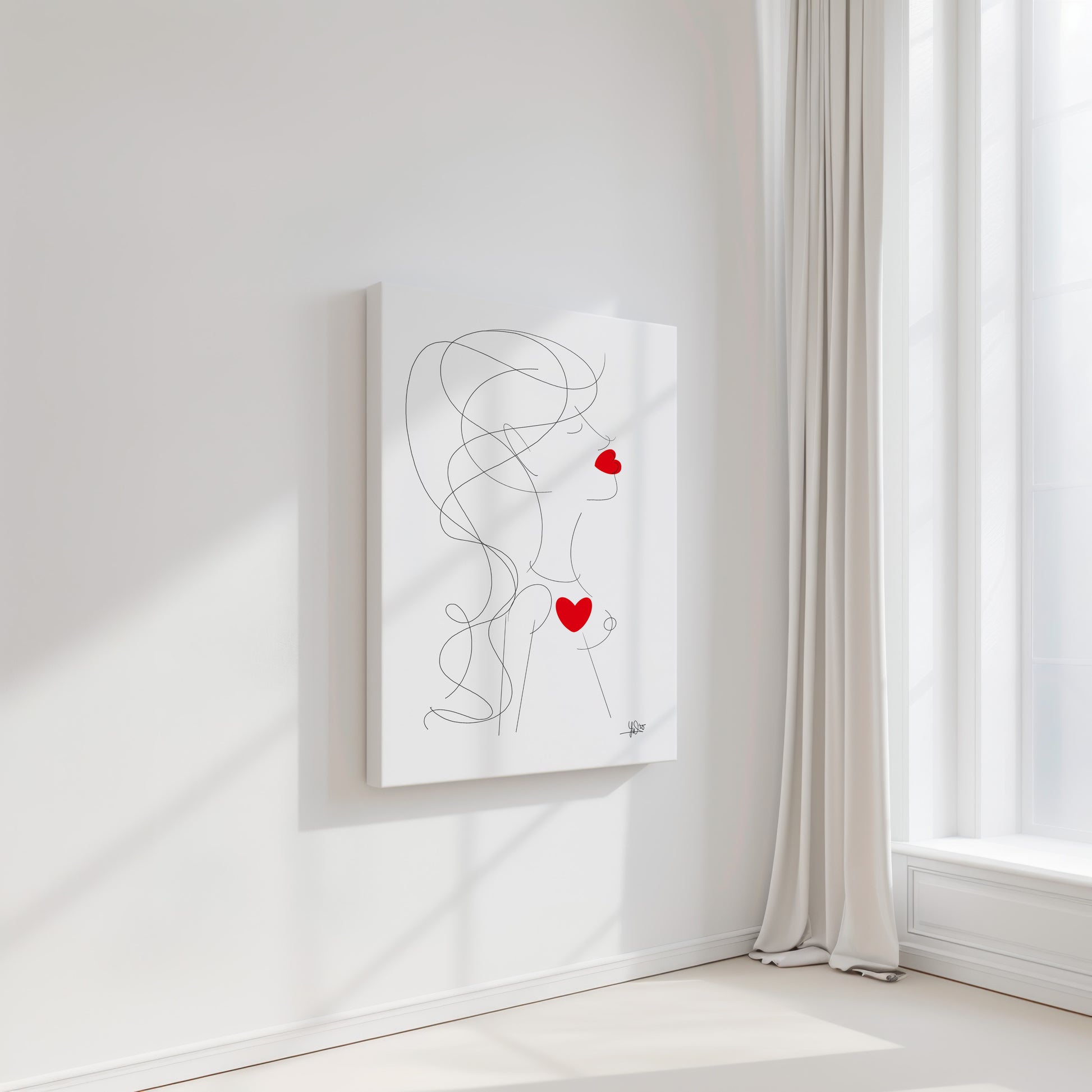 Abstract artwork of a female figure with red hearts on a white wall in a bright room.
