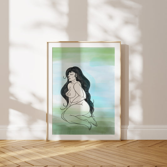 Framed artwork of a nude woman with long hair on a light background. A piece on the acceptance of the beauty of female curves.