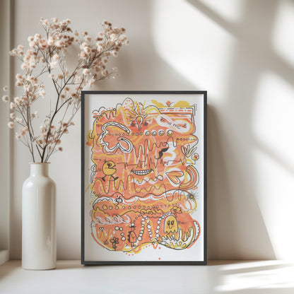 Framed abstract artwork with a vase of dried flowers on a light surface. A piece on Energy and Positivity in yellow and orange.