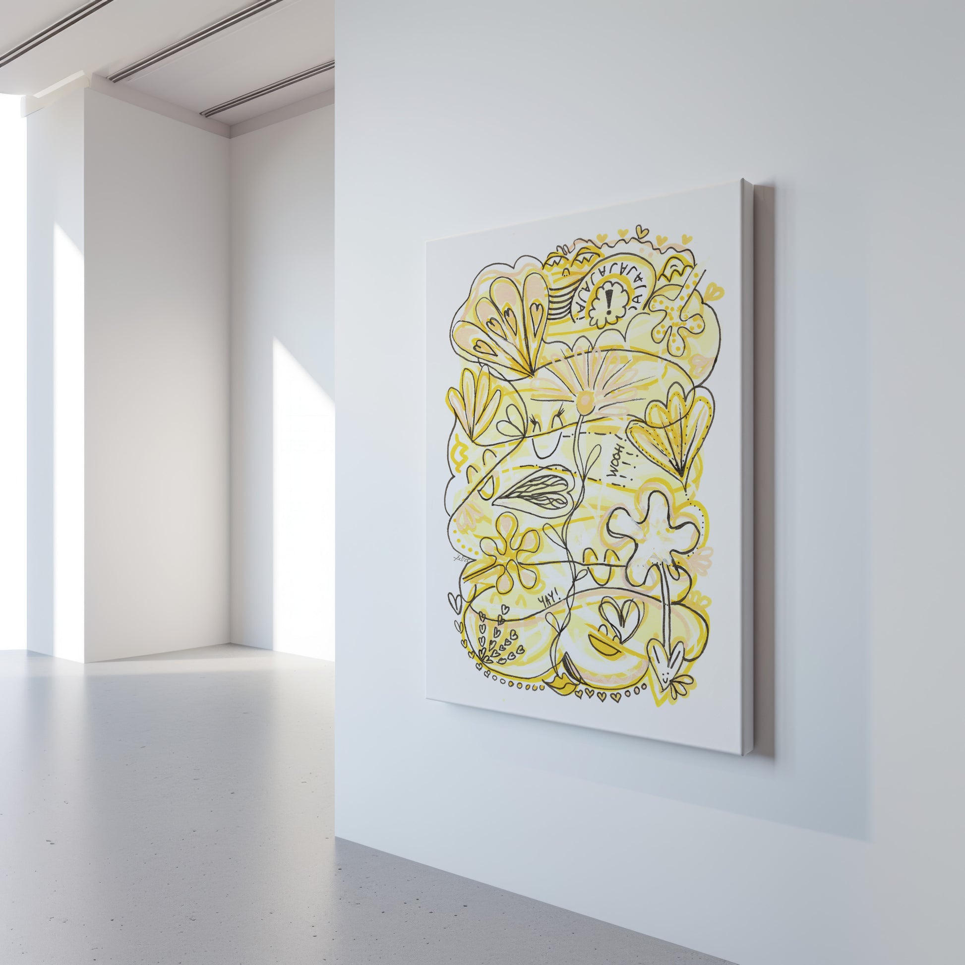 Abstract yellow floral artwork on a white wall in a minimalistic room.