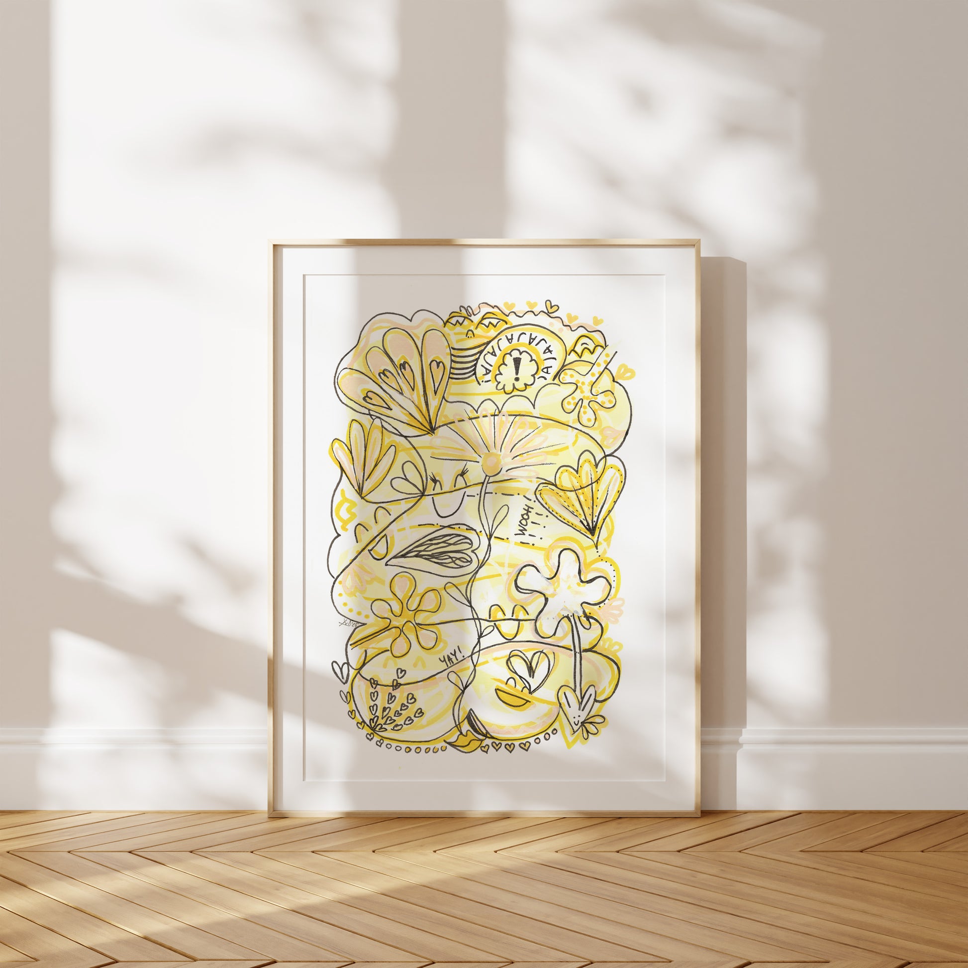 Framed artwork with happy yellow floral design on a white wall.