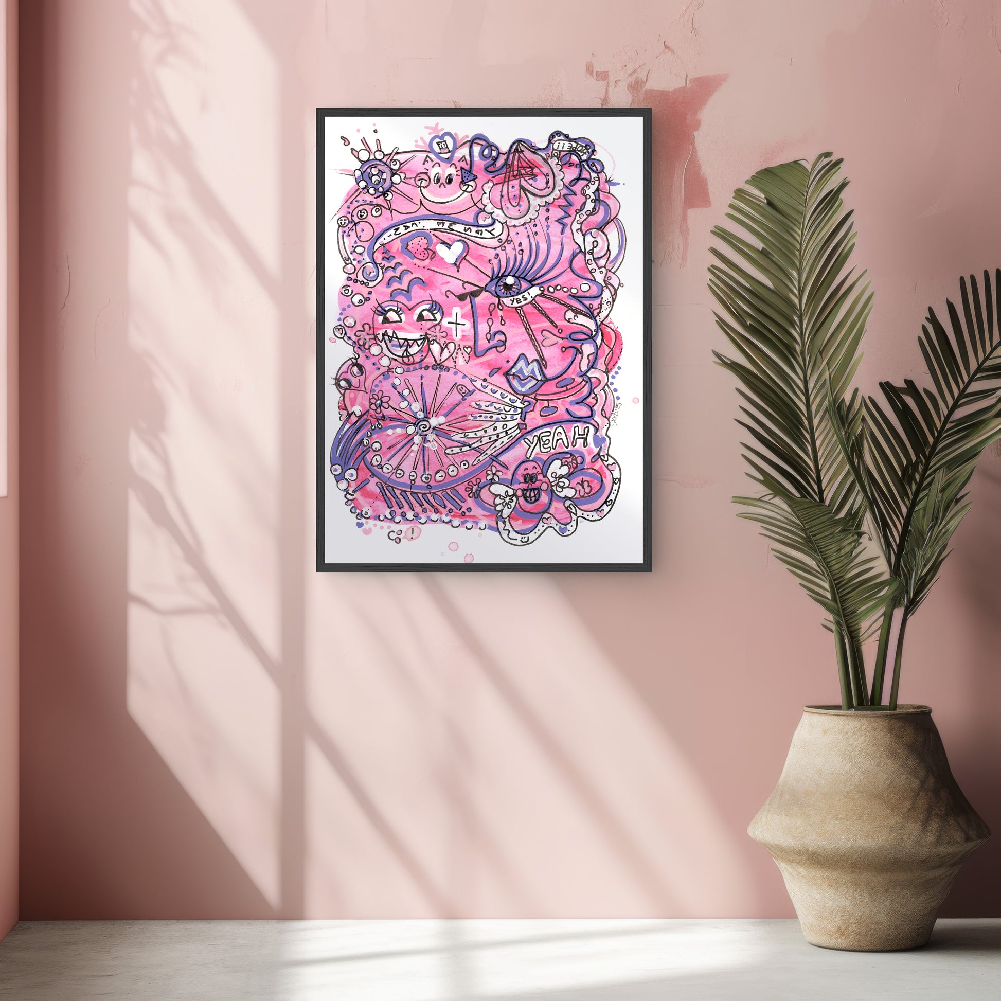 Framed pink and purple abstract art piece on a pink wall with a plant below. A piece on Hope and Opportunity.