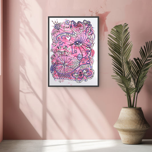Framed pink and purple abstract art piece on a pink wall with a plant below. A piece on Hope and Opportunity.