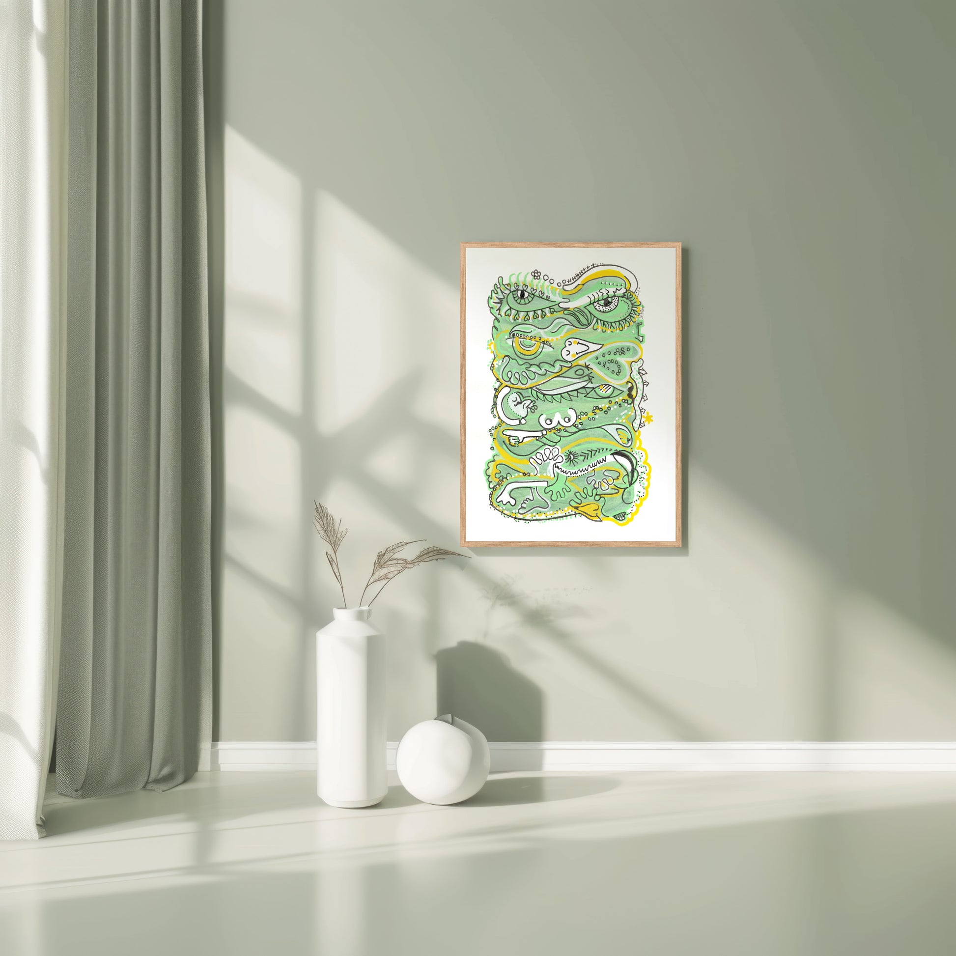 Framed artwork of a green and yellow abstract design on a wall with a vase and plant below. A painting on humanity.