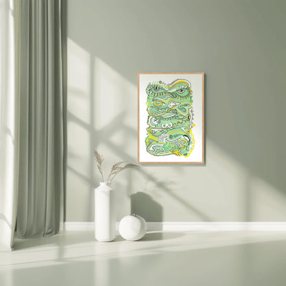 Framed artwork of a green and yellow abstract design on a wall with a vase and plant below. A painting on humanity.