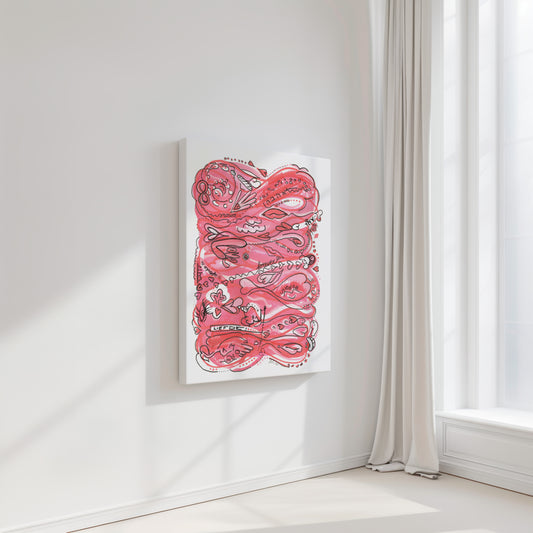 Abstract pink and black artwork on a white wall in a bright room with a window. A piece on Love and Empathy.