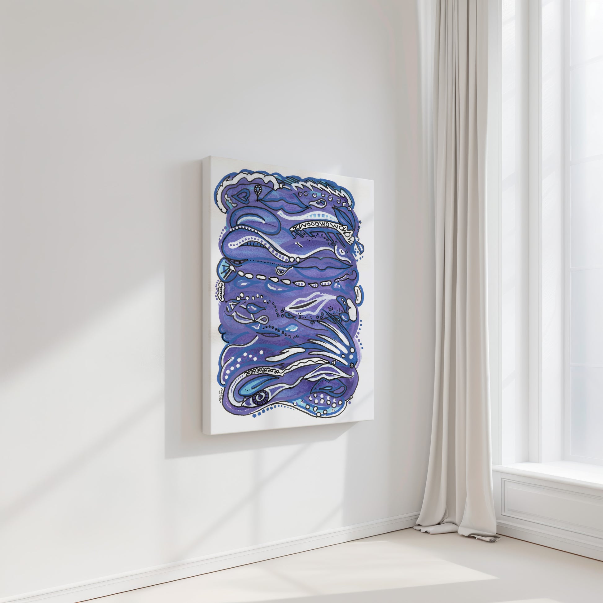 Abstract blue artwork on a white wall with a window in the background. A piece on human lust.