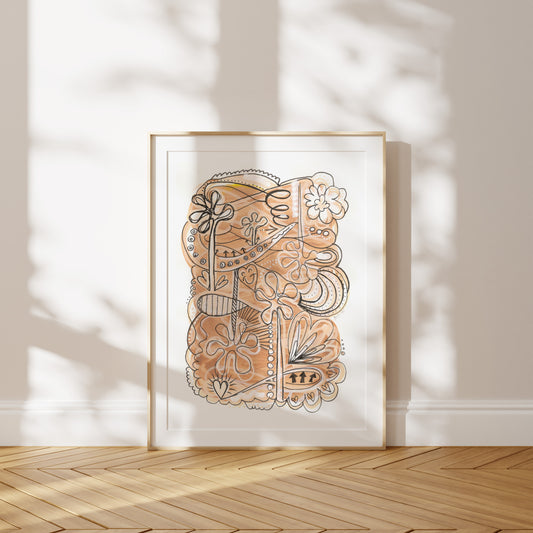 Framed abstract artwork on a wall with wooden floor and light shadows