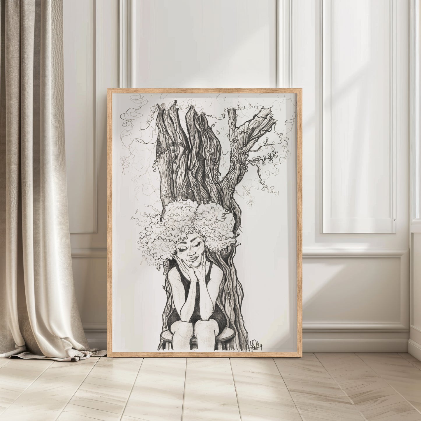 Framed artwork of a woman with flowers in her hair sitting against a tree in a room with curtains and a window. Burundi female and the connection with Mother Nature.