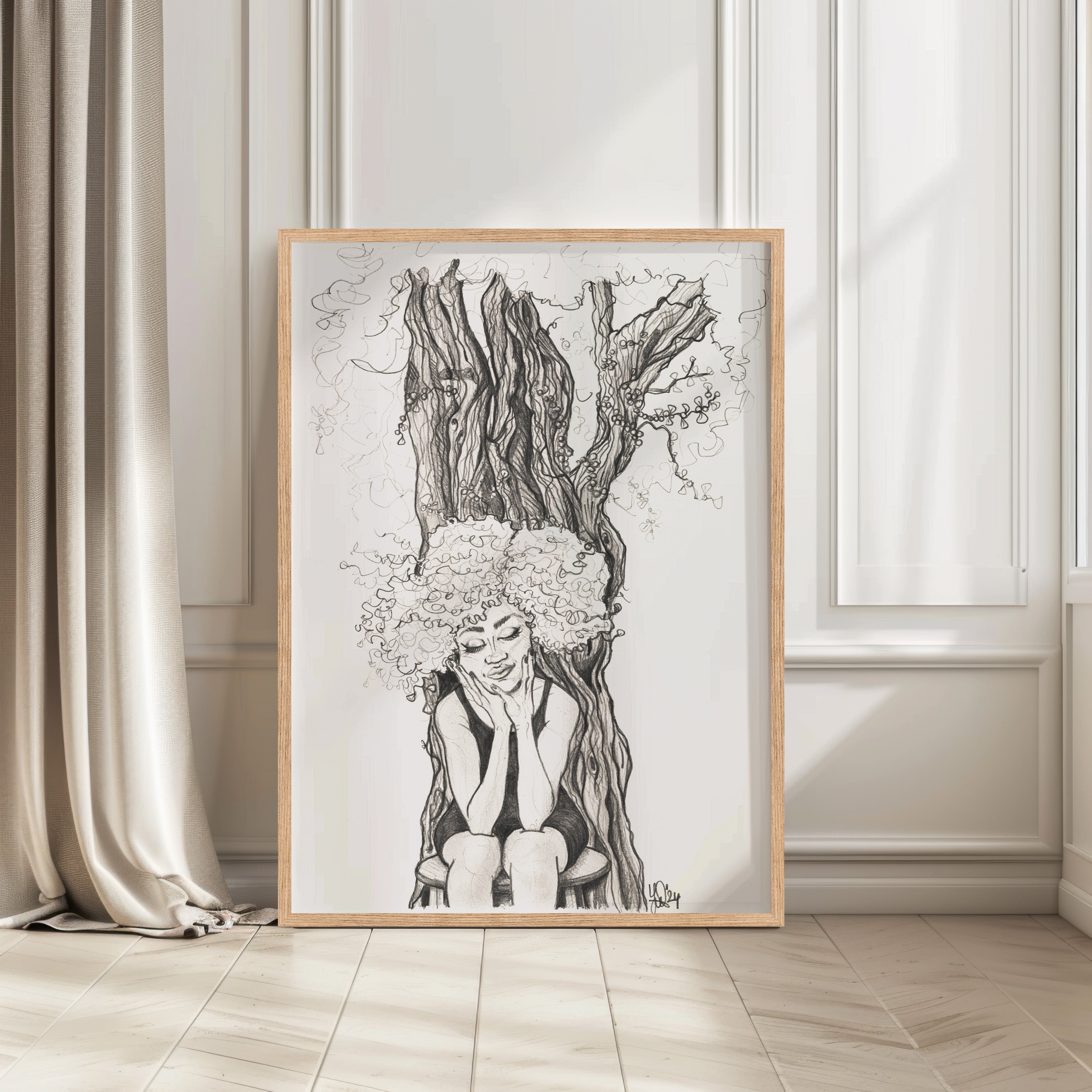 Framed artwork of a woman with flowers in her hair sitting against a tree in a room with curtains and a window. Burundi female and the connection with Mother Nature.